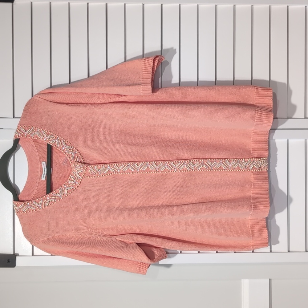 Isaac Mizrahi Live 2X Cardigan Sweater, Coral with Rhinestone detailing